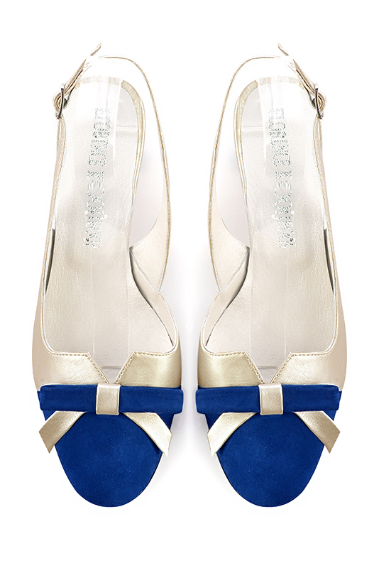 Electric blue and gold women's open back shoes, with a knot. Round toe. Medium block heels. Top view - Florence KOOIJMAN